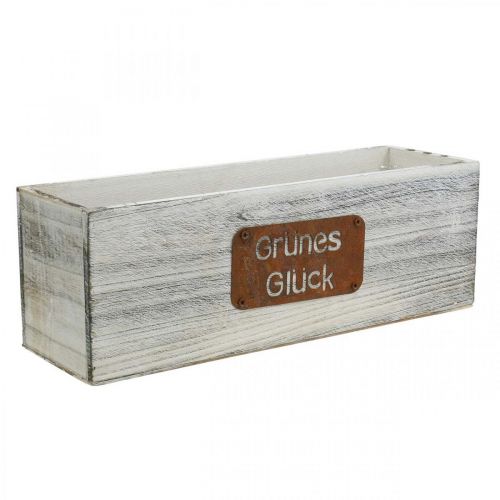 Floristik21 Pflanzgefäß “Grünes Glück”, Gartendeko, Holzdeko zum Bepflanzen Weiß gewaschen, Edelrost L35cm H12cm