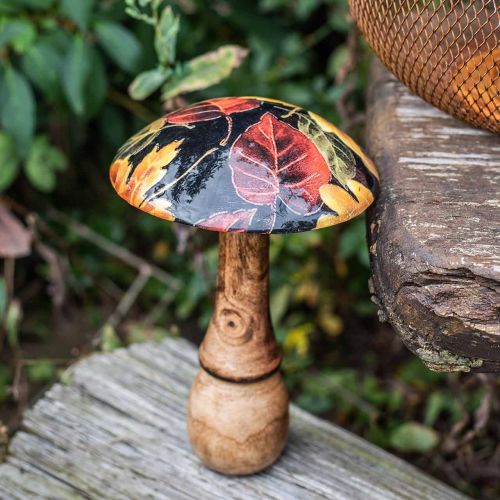 Floristik21 Holzpilz Deko Buntes Laub Herbstdeko Schwarz, Bunt Ø13cm H19cm