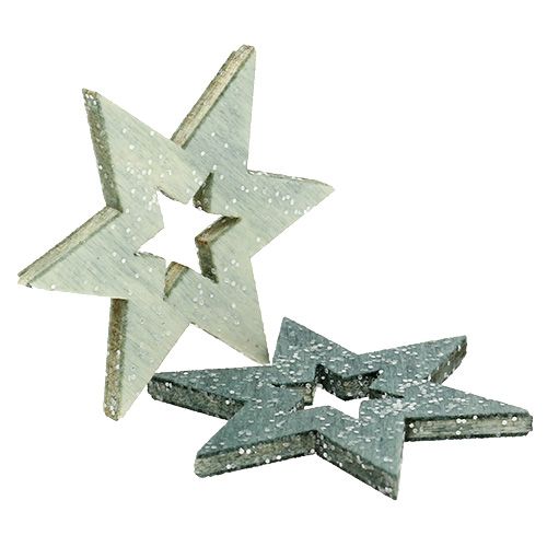 Artikel Holzsterne 4cm Grau mit Glitter 72St