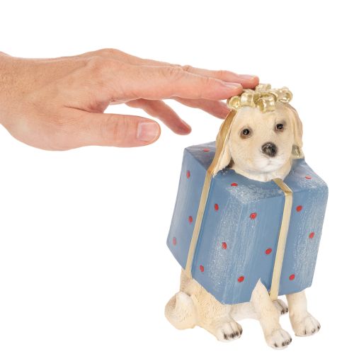 Dekofigur sitzender Hund Welpe im Geschenkpaket 20cm Kunstharz | Floristik21.de