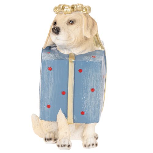Dekofigur sitzender Hund Welpe im Geschenkpaket 20cm Kunstharz | Floristik21.de