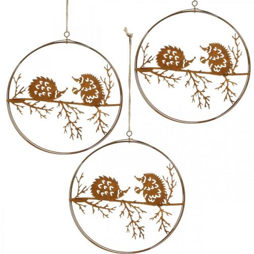 Artikel Metallanhänger, Igel auf Ast, Herbstdeko, Dekoring Edelrost Ø15,5cm 3 St