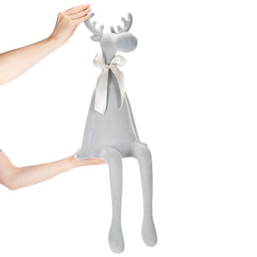 Beflockter Kantenhocker Elch mit Schleife 80 cm Hellgrau Kunststoff | Floristik21.de