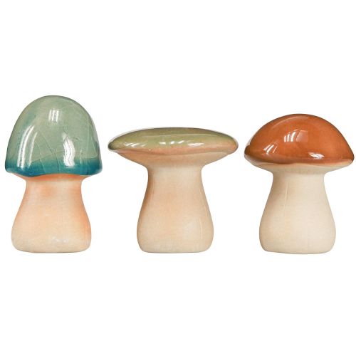 Artikel Keramik Pilze Herbstdeko farbenfroh für Tisch und Regal, Deko-Set in Braun Grün Blau 3 Stück H6-7,5cm