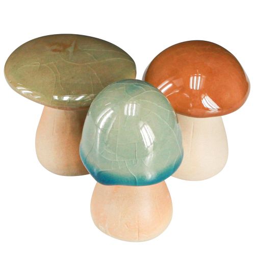 Artikel Keramik Pilze Herbstdeko farbenfroh für Tisch und Regal, Deko-Set in Braun Grün Blau 3 Stück H6-7,5cm