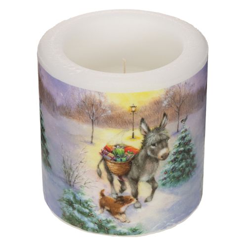Stumpenkerze aus Wachs mit Winterlandschaftsmotiv, Esel und Hund, 10 cm, weiß