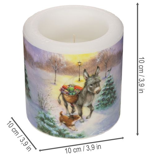 Stumpenkerze aus Wachs mit Winterlandschaftsmotiv, Esel und Hund, 10 cm, weiß | Floristik21.de