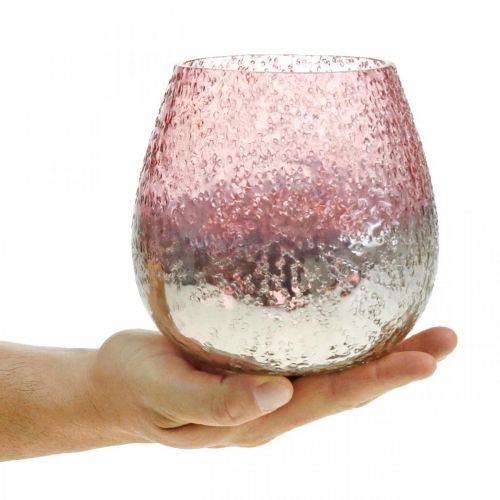 Glaswindlicht, Teelichthalter, Tischdeko, Kerzenglas Rosa/Silbern Ø15cm H15cm