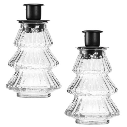 Floristik21 Glas-Kerzenhalter für Stabkerzen Tannenbaum 13,5 cm 2er Set – Stilvolle Weihnachtsdeko