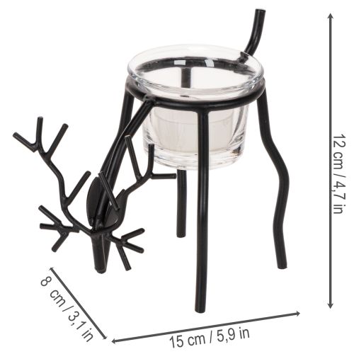 Kerzenhalter Rentier aus Metall mit Teelichtglas, 15 cm, Schwarz | Floristik21.de