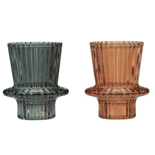 Floristik21 Kerzenhalter Glas Kerzenständer Grau Braun H6,5cm 2St