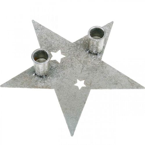 Kerzendeko Stern, Metalldeko, Kerzenhalter für 2 Stabkerzen Silbern, Antik-Optik 23cm×22cm