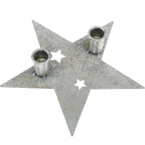 Artikel Kerzendeko Stern, Metalldeko, Kerzenhalter für 2 Stabkerzen Silbern, Antik-Optik 23cm×22cm
