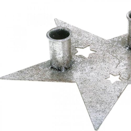 Artikel Kerzendeko Stern, Metalldeko, Kerzenhalter für 2 Stabkerzen Silbern, Antik-Optik 23cm×22cm