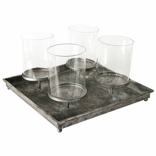 40×40cm Metall/Glas Floristik21.de Antik-Look mit 4 Advents-Tablett Silbern-69769 Kerzenhaltern