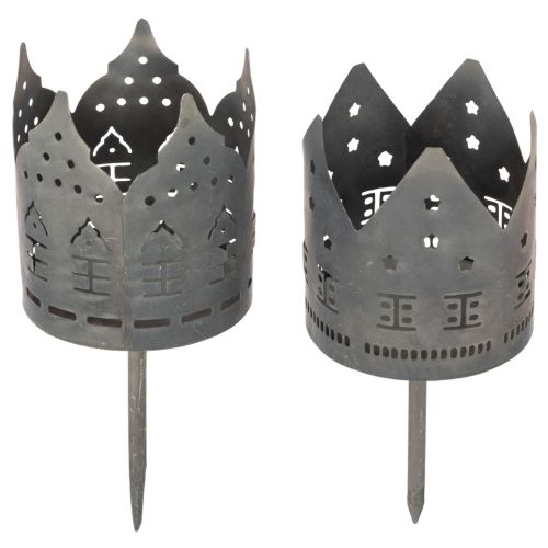 Teelichthalter mit Steckdorn Metall Häuser-Motiv dunkelgrau Ø 6cm 2er-Set