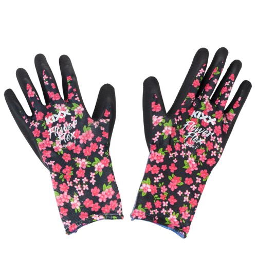 Floristik21 Kixx Gartenhandschuhe Schwarz Rosa Blüten Größe 8