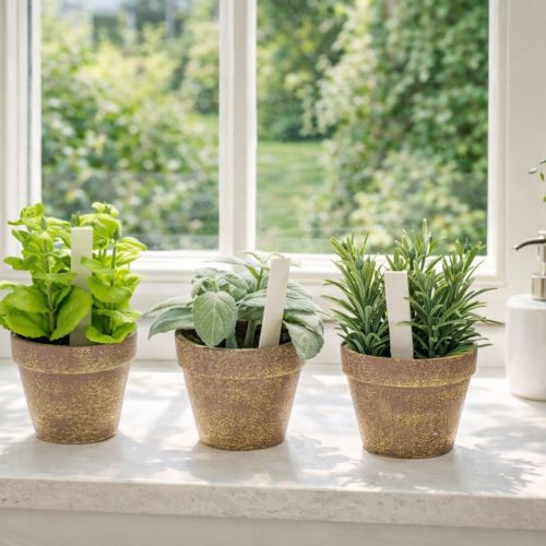 Artikel Kunststoff Kräutertopf mit künstlichen Kräutern Ø 14 cm x H 15 cm für Innenbereich und geschützten Außenbereich, 3er Set