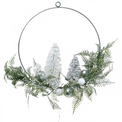 Floristik21 Beleuchteter Kranz mit Tannen und Kugeln, Advent, Winterdeko zum Hängen, LED-Deko-Ring Silbern B45cm Ø30cm