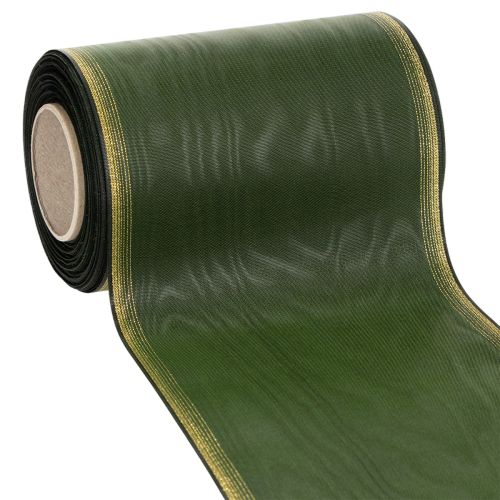 Kranzband Moiré 150mm Dunkelgrün mit Perlkante in Gold, Taftbindung 25m Rolle für Dekoration und Gestaltung