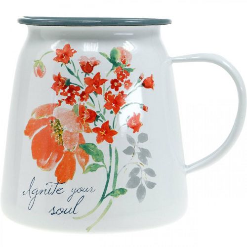 Deko-Krug mit Wildrosen, Emaille-Kanne, Metallvase Vintage-Optik H12,5cm