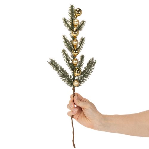 Künstlicher Tannenzweig mit goldfarbenen Mini-Christbaumkugeln, 46 cm, 2 Stück | Floristik21.de