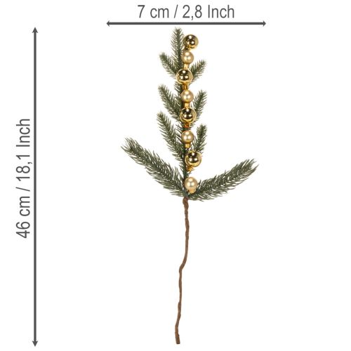 Künstlicher Tannenzweig mit goldfarbenen Mini-Christbaumkugeln, 46 cm, 2 Stück | Floristik21.de