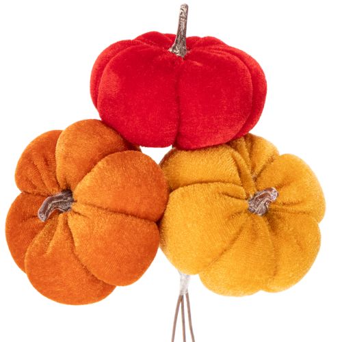 Deko-Kürbis am Draht aus Samt 8 cm, dreifarbig, Set 9 Stück
