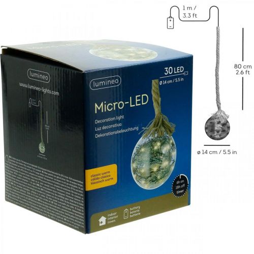 Artikel LED Kugel Schnee Tanne Innen Ø14cm 30L Warmweiß Timer