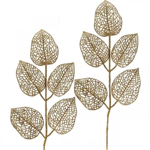 Floristik21 Kunstpflanzen, Zweig Deko, Deko Blatt Golden Glitter L36cm 10St