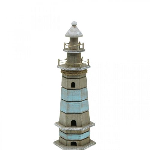 Leuchtturm aus Holz, Maritime Deko Natur, Blau-Weiß Shabby Chic H35,5cm