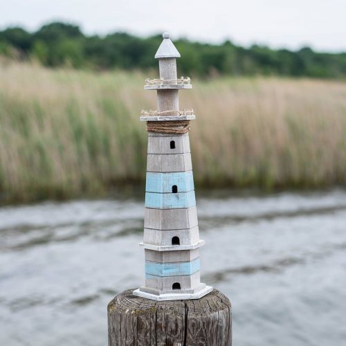 Floristik21 Leuchtturm zum Stellen, Maritime Holzdeko Natur, Blau-Weiß Shabby Chic H54cm