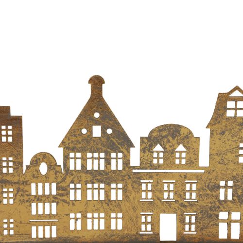 Artikel Lichterbogen Stadtsilhouette Gold aus Metall und Holz mit Weihnachtskerzenhaltern H43cm