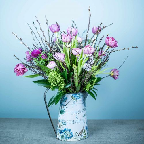 Floristik21 Blumenvase Kanne Blumen Blau, Grün Gartendeko Pflanzkübel Metall 23cm