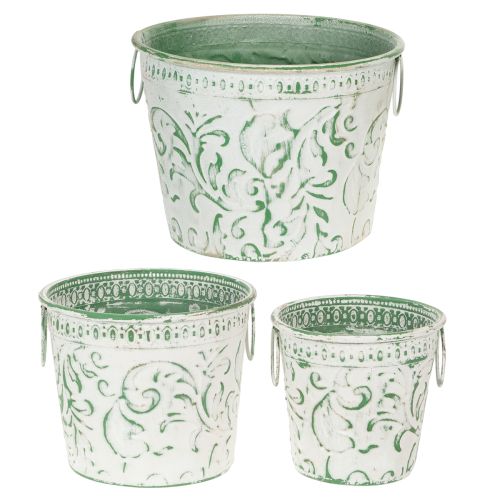 Metall-Töpfe mit Henkeln, Pflanzkübel mit Prägung Weiß, Grün Shabby Chic H20,5/18,5/16cm Ø25,5/20,5/15,5cm 3er-Set | Floristik21.de
