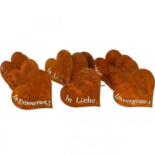 Floristik21 Trauerfloristik, Herzstecker “In Erinnerung” „In Liebe" „Unvergessen”, Metalldeko Edelrost 8×7cm 12 St