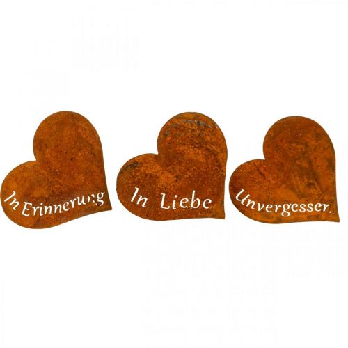 Trauerfloristik, Herzstecker “In Erinnerung” „In Liebe" „Unvergessen”, Metalldeko Edelrost 8×7cm 12St