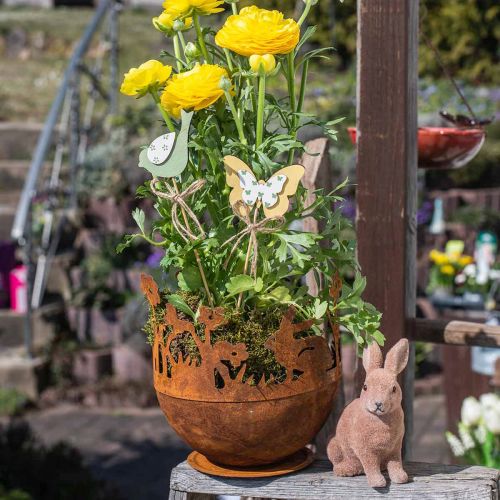 Floristik21 Metallschale mit Hasen, Osterdeko, Gefäß zum Bepflanzen Edelrost Ø18cm H19,5cm