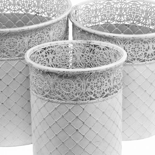 Pflanztopf mit Spitzenmuster, Gefäß aus Metall, Dekoeimer Weiß, Silbern Shabby Chic H28/25,5/23,5cm Ø29,5/25,5/20cm 3er-Set