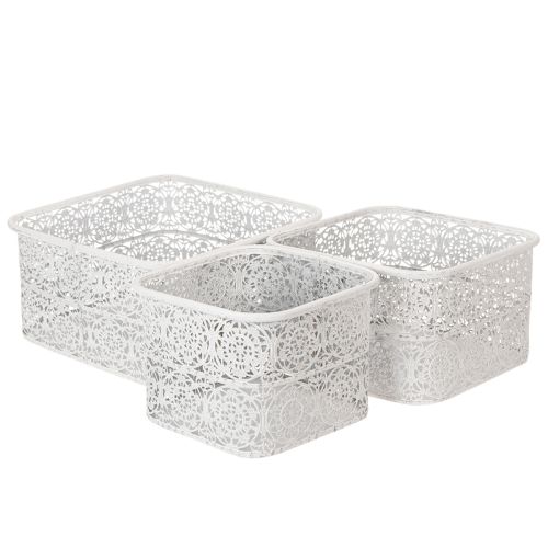 Metallschalen Spitzenmuster, Dekogefäß Eckig, Shabby Chic, Weiß 27/23/19cm H13,5cm 3er-Set