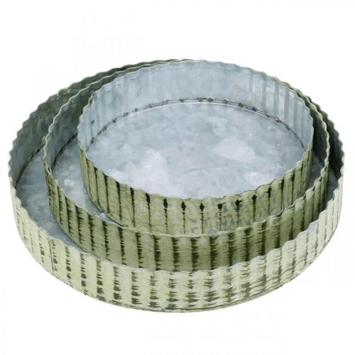 Artikel Metallteller zum Dekorieren, Tischdeko, Kerzentablett rund Silbern, Grün Shabby Chic Ø14/16,5/19,5cm H3,5cm 3er-Set