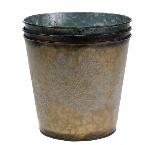 Deko Pflanztopf mit Blättern Zink Metallic Grau, Orange, Braun Ø17cm H14,5cm 3St
