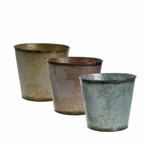 Deko Pflanztopf mit Blättern Zink Metallic Grau, Orange, Braun Ø17cm H14,5cm 3St Deko Pflanztopf mit Blättern Zink Metallic Grau, Orange, Braun Ø17cm H14,5cm 3St