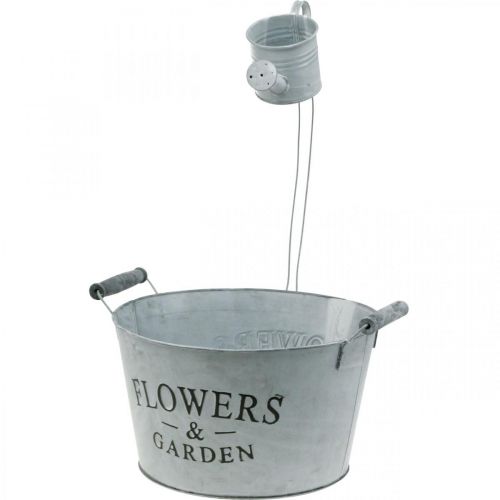 Artikel Pflanzschale mit Gießkanne, Gartendeko, Metallgefäß zum Bepflanzen Silbern Weiß gewaschen H41cm Ø28cm/Ø7cm