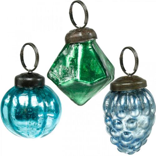 Floristik21 Mini-Glaskugel-Mix, Diamant/Kugel/Zapfen, Christbaumschmuck Antik-Optik Ø3–3,5cm H4,5–5,5cm 9St