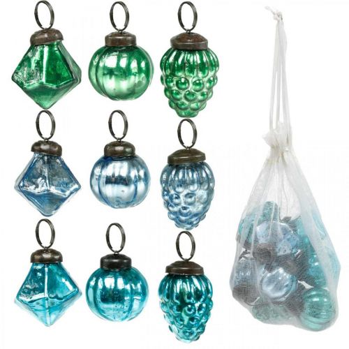 Floristik21 Mini-Glaskugel-Mix, Diamant/Kugel/Zapfen, Christbaumschmuck Antik-Optik Ø3–3,5cm H4,5–5,5cm 9St