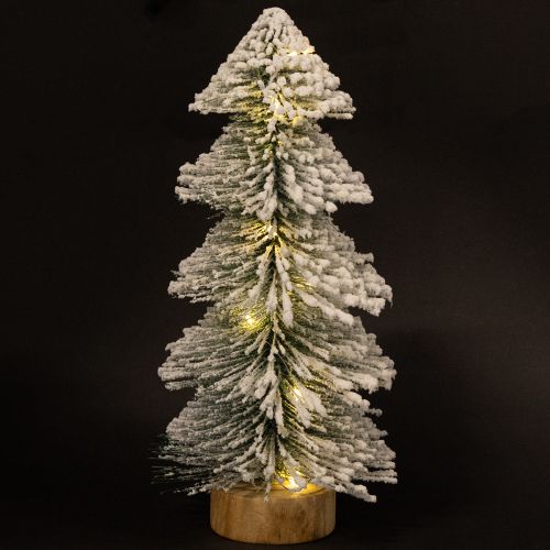 Artikel Mini Weihnachtsbaum 28cm mit LED Beleuchtung, verschneite Tanne auf Holzsockel