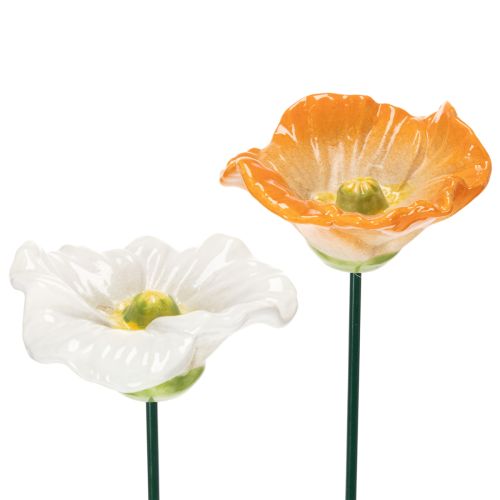 Mohnblumen Deko Skulpturen aus wetterfester Keramik, 52 cm hoch, Set aus 2 Blüten in Orange und Weiß