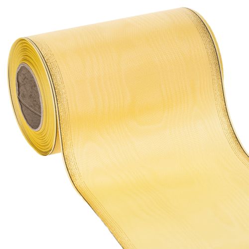 Floristik21 Moiré Kranzband Gelb mit Goldverzierung, Dekoband Floristik, Acetat/Polyester 150mm x 25m