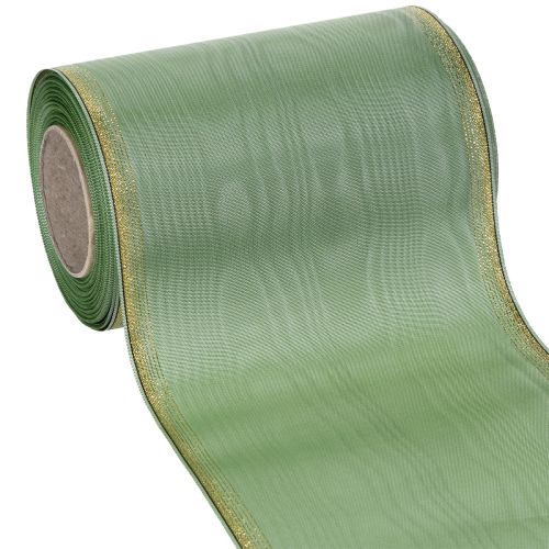 Moiré Kranzband Salbei-Grün mit Goldrand, 150mm x 25m, Dekoratives Band für Floristik und Kränze